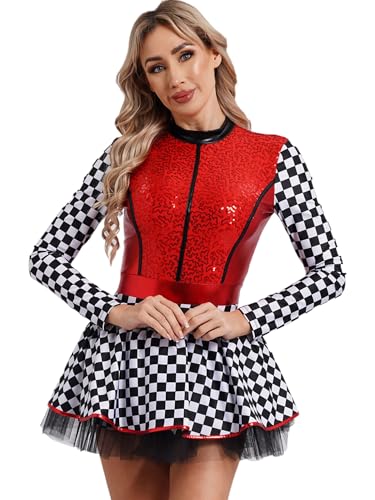 Kaerm Rennfahrer Kostüm Damen Kurz Body Langarm Pailletten Overall Schachbrettmuster Patchwork Jumpsuit Mit Tutu Tüllrock Fancy Dress Up Cosplay Outfit Rot M von Kaerm