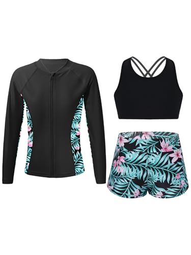Kaerm Schwimmanzug Mädchen Langarm Kinder Blumenmuster Badeanzug Hawaii Badeshirt Bikini Oberteil Hose Dreiteilig Bademode Uv Sonnenanzug Lilie C 134-140 von Kaerm