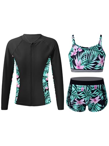 Kaerm Schwimmanzug Mädchen Langarm Kinder Blumenmuster Badeanzug Hawaii Badeshirt Bikini Oberteil Hose Dreiteilig Bademode Uv Sonnenanzug Lilie K 158-164 von Kaerm