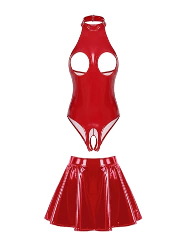 Kaerm Wetlook Leder Bodysuit Damen Offene Brüste Catsuit Schrittfrei Dessous Mit A Linien Lederrock Mini Faltenrock Gogo Tanz Rave Outfit Rot 4XL Kaerm Wetlook Leder Bodysuit Damen Offene Brüste Catsuit Schrittfrei Dessous Mit A Linien Lederrock Mini Faltenrock Gogo Tanz Rave Outfit Rot 4XL von Kaerm