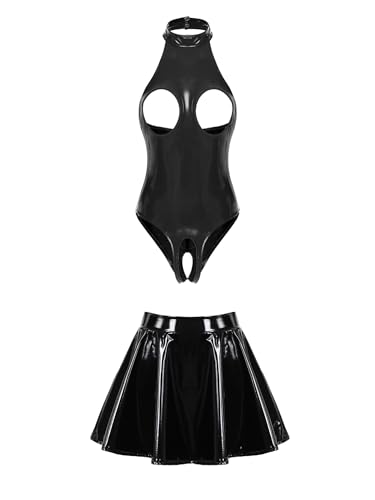 Kaerm Wetlook Leder Bodysuit Damen Offene Brüste Catsuit Schrittfrei Dessous Mit A Linien Lederrock Mini Faltenrock Gogo Tanz Rave Outfit Schwarz 4XL von Kaerm