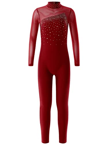 Kaerm Sportbody Ganzkörper Mädchen Gymnastik Body Langarm Kinder Tanzanzug Glitzer Strass Trikot Patchwork Overall Mit Stehkragen Cut Out Jumpsuit Dancewear Burgundy 158-164 von Kaerm