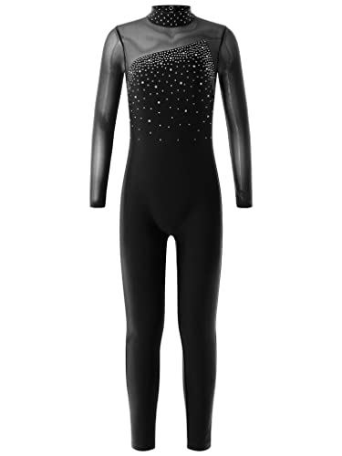 Kaerm Sportbody Ganzkörper Mädchen Gymnastik Body Langarm Kinder Tanzanzug Glitzer Strass Trikot Patchwork Overall Mit Stehkragen Cut Out Jumpsuit Dancewear Schwarz 158-164 von Kaerm