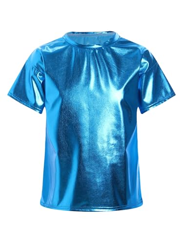 Kaerm T-Shirt Metallic Kinder Mädchen Junge Kurzarm Oberteil Rundhals Unterhemd Sport Shirt Stretch Hemd Glänzend Für Fasching Karneval Mottoparty Blau 134-140 von Kaerm