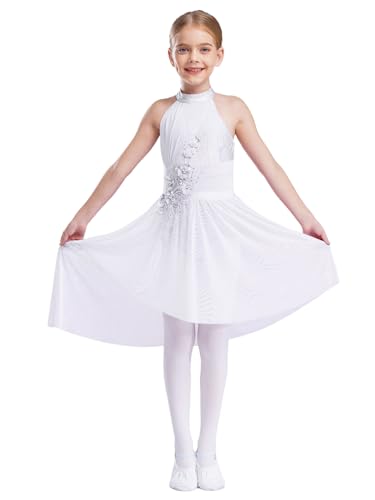 Kaerm Tanzkleid Ballett Mädchen Ballerinas Kostüm Kinder Ballettanzug Blumenstickerei Body Ärmellos Trikot Mit Unregelmäßig Chiffon Rock Dancewear Elfenbein 146-152 von Kaerm