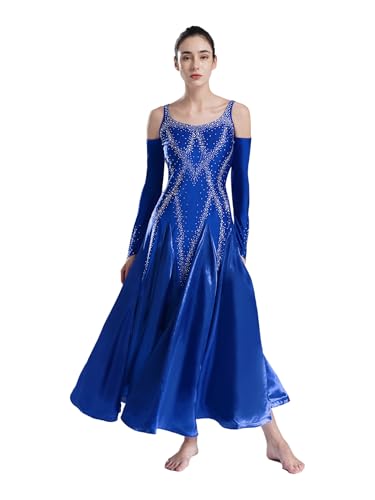Kaerm Tanzkleid Contemporary Damen Modern Dance Kleid Strass Glitzer Lyrisches Kleid Ärmellos Gesellschaftstanzkleid Abschlussball Tanzkleidung Blau XS von Kaerm