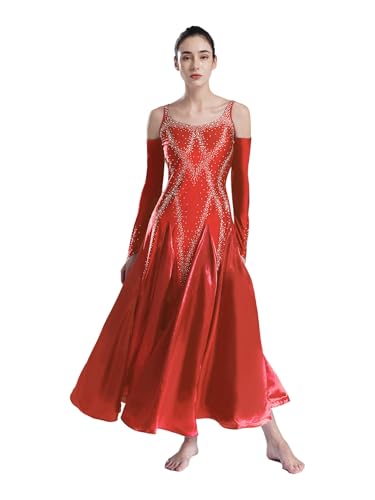 Kaerm Tanzkleid Contemporary Damen Modern Dance Kleid Strass Glitzer Lyrisches Kleid Ärmellos Gesellschaftstanzkleid Abschlussball Tanzkleidung Rot XL von Kaerm