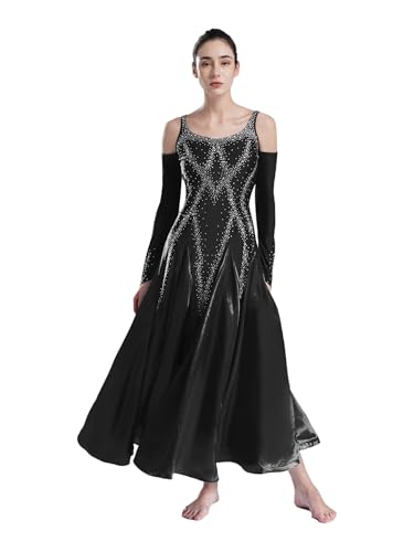 Kaerm Tanzkleid Contemporary Damen Modern Dance Kleid Strass Glitzer Lyrisches Kleid Ärmellos Gesellschaftstanzkleid Abschlussball Tanzkleidung Schwarz M von Kaerm