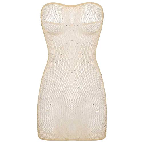 Kaerm Transparent Tube Kleid Damen Sexy Trägerlos Dessous Mesh Netz Minikleid Bodycon Kurz Eng Etuikleid Mit Glitzer Strasssteine Erotisch Nachtwäsche Nude One Size von Kaerm