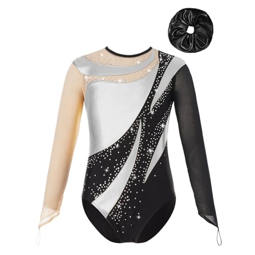 Kaerm Turnanzug Mädchen Langarm Metallic Gymnastikanzug Strass Glitzer Ballett Body Patchwork Trikot Tanz Leotard Mit Stirnband Tanzkostüm Silber schwarz 134-140 von Kaerm