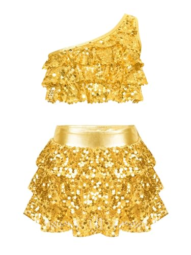 Kaerm Turnier Kleider Mädchen Standard Und Latein Tanzkleid Pailletten Glitzer Shirt EIN Schulter Tanz Top Kurz Oberteil Mit Gestufter Ballettrock Tanzkostüm Gold 122-128 von Kaerm
