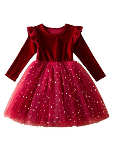 Kaerm Weihnachten Kleid Kinder Mädchen Festliches Partykleid A Linien Samtkleid Rüschen Volants Winterkleid Mit Glitzer Sterne Tutu Rock Weihnachtskostüm Rot 104-110 von Kaerm