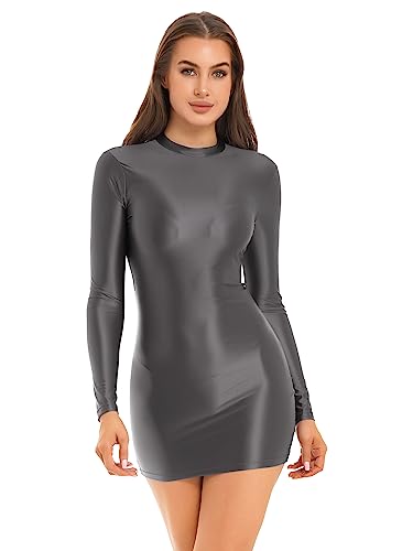 Kaerm Wetlook Kleid Damen Sexy Eng Bodycon Minikleid Öl Glänzend Kurzarm Bleistiftkleid Etui Rollkragen Unterkleid Party Clubwear Dunkelgrau A M von Kaerm