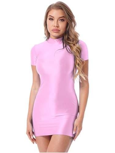 Kaerm Wetlook Kleid Damen Sexy Eng Bodycon Minikleid Öl Glänzend Kurzarm Bleistiftkleid Etui Rollkragen Unterkleid Party Clubwear Rosa L von Kaerm