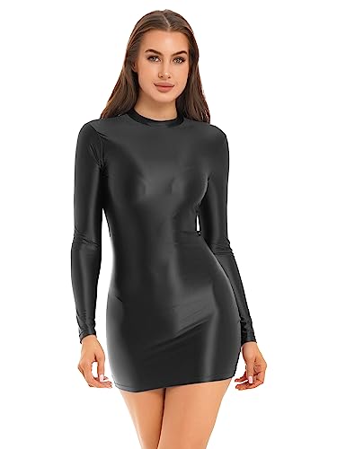 Kaerm Wetlook Kleid Damen Sexy Eng Bodycon Minikleid Öl Glänzend Kurzarm Bleistiftkleid Etui Rollkragen Unterkleid Party Clubwear Schwarz A XL von Kaerm