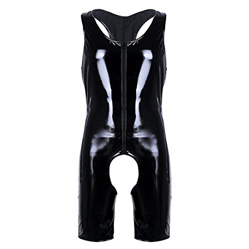 Kaerm Wetlook Leder Bodysuit Herren Sexy Ã„rmellos Overall Jumpsuit Schritt Offen Unterwäsche Tanga Panty Träger Unterhemd Muskelshirt Reizwäsche Schwarz XL von Kaerm