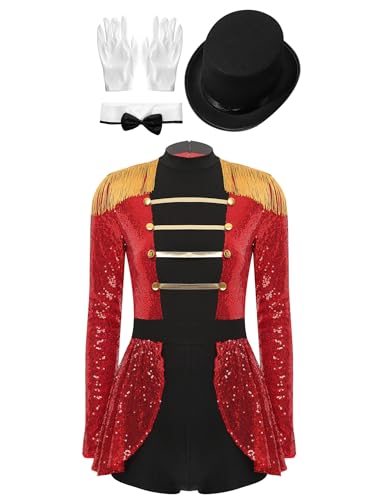 Kaerm Zirkus Kostüm Damen Akrobatik Anzug Pailletten Overall Langarm Body Fransen Quaste Jumpsuit Mit Handschuhe Schleife Hut Faschingkostüm Rot L von Kaerm