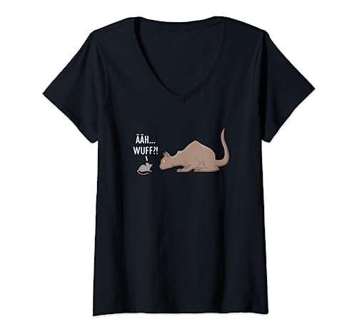 Damen ÄÄH Wuff?! Lustiges Katze und Maus Geschenk Witz T-Shirt mit V-Ausschnitt Damen ÄÄH Wuff?! Lustiges Katze und Maus Geschenk Witz T-Shirt mit V-Ausschnitt von Kätzchen Katzenhalterin Katzen Mäuse