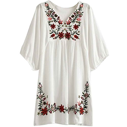 Kafeimali Damen Sommer-Kleid mit v-Ausschnitt Mexican gestickter Bauer gesellschaf Tops blusen Weiß Large von Kafeimali