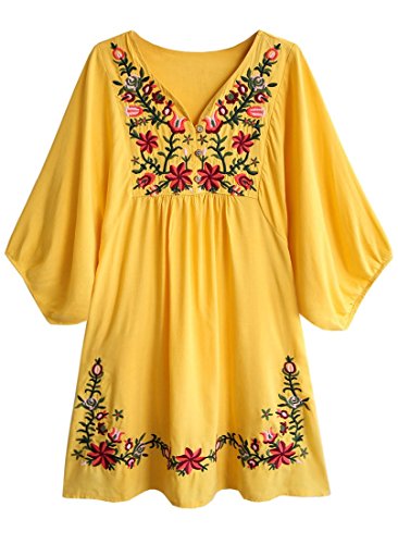 Kafeimali Sommerkleid mit V-Ausschnitt, mexikanisch, bestickt, Bauern, Damen, elegante Oberteile, Blusen, gelb, Einheitsgröße von Kafeimali