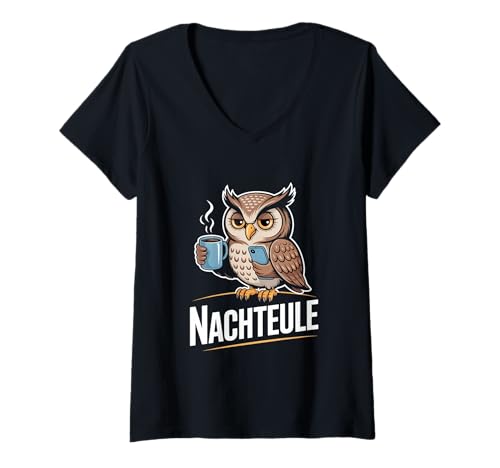 Damen Nachteule Kaffee Handy Eule Mit Tasse Koffein Nachtmensch T-Shirt mit V-Ausschnitt Damen Nachteule Kaffee Handy Eule Mit Tasse Koffein Nachtmensch T-Shirt mit V-Ausschnitt von Kaffee Eule Nacht Kaffeejunkie Morgenmuffel