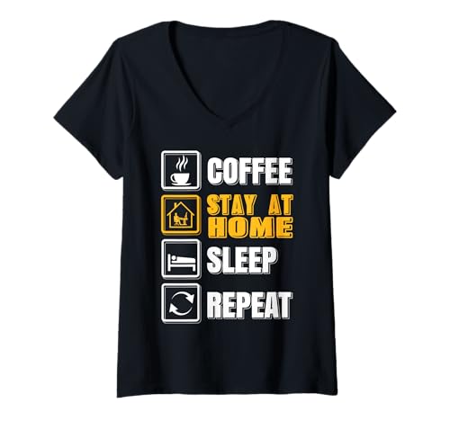 Damen Lustiger Kaffee Zuhause Schlaf Wiederholen Spruch T-Shirt mit V-Ausschnitt Damen Lustiger Kaffee Zuhause Schlaf Wiederholen Spruch T-Shirt mit V-Ausschnitt von Kaffee Fans Und Gemütliche Hausfreunde