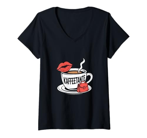 Damen Kaffeetante Lippen Tasse Handtasche Kaffee Humor T-Shirt mit V-Ausschnitt Damen Kaffeetante Lippen Tasse Handtasche Kaffee Humor T-Shirt mit V-Ausschnitt von Kaffee Humor Tante Spruch Lippen Handtasche