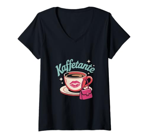 Damen Kaffetante Retro Kaffee Humor Lippenstift Tasse Flair T-Shirt mit V-Ausschnitt Damen Kaffetante Retro Kaffee Humor Lippenstift Tasse Flair T-Shirt mit V-Ausschnitt von Kaffee Humor Tante Spruch Retro Lippenstift Tasse