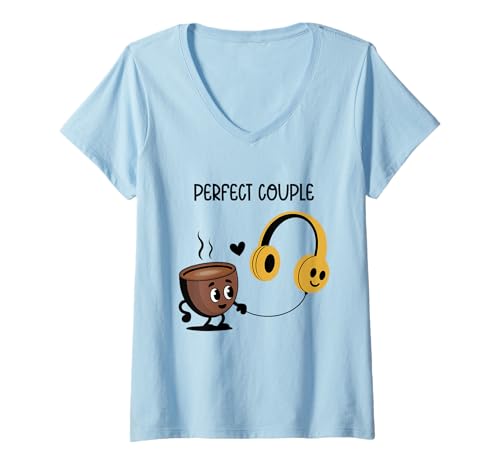 Damen Fröhlicher Kaffee Und Kopfhörer T-Shirt mit V-Ausschnitt Damen Fröhlicher Kaffee Und Kopfhörer T-Shirt mit V-Ausschnitt von Kaffee Musik Spaß Start In Den Tag Designs