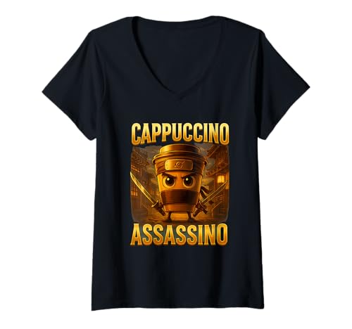 Damen Lustig Cappuccino Assassino Kaffee Ninja Samurai Shirt T-Shirt mit V-Ausschnitt Damen Lustig Cappuccino Assassino Kaffee Ninja Samurai Shirt T-Shirt mit V-Ausschnitt von Kaffee Ninja Samurai Barista Geschenk