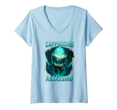 Damen Lustig Cappuccino Assassino Kaffee Ninja Samurai Shirt T-Shirt mit V-Ausschnitt Damen Lustig Cappuccino Assassino Kaffee Ninja Samurai Shirt T-Shirt mit V-Ausschnitt von Kaffee Ninja Samurai Barista Geschenk