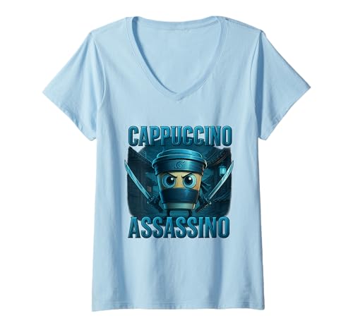 Damen Lustig Cappuccino Assassino Kaffee Ninja Samurai Shirt T-Shirt mit V-Ausschnitt Damen Lustig Cappuccino Assassino Kaffee Ninja Samurai Shirt T-Shirt mit V-Ausschnitt von Kaffee Ninja Samurai Barista Geschenk
