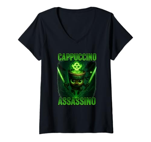 Damen Lustig Cappuccino Assassino Kaffee Ninja Samurai Shirt T-Shirt mit V-Ausschnitt Damen Lustig Cappuccino Assassino Kaffee Ninja Samurai Shirt T-Shirt mit V-Ausschnitt von Kaffee Ninja Samurai Barista Geschenk