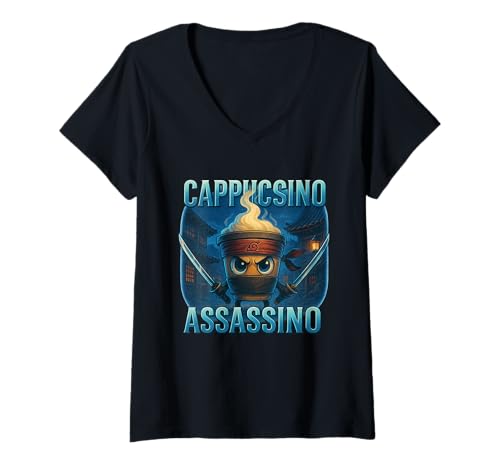 Damen Lustig Cappuccino Assassino Kaffee Ninja Samurai Shirt T-Shirt mit V-Ausschnitt Damen Lustig Cappuccino Assassino Kaffee Ninja Samurai Shirt T-Shirt mit V-Ausschnitt von Kaffee Ninja Samurai Barista Geschenk
