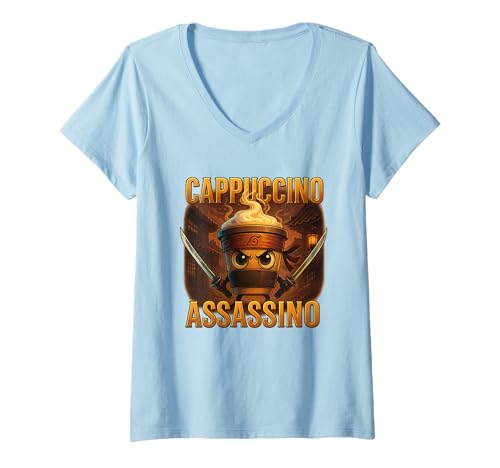 Damen Lustig Cappuccino Assassino Kaffee Ninja Samurai Shirt T-Shirt mit V-Ausschnitt Damen Lustig Cappuccino Assassino Kaffee Ninja Samurai Shirt T-Shirt mit V-Ausschnitt von Kaffee Ninja Samurai Barista Geschenk