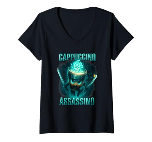 Damen Lustig Cappuccino Assassino Kaffee Ninja Samurai Shirt T-Shirt mit V-Ausschnitt Damen Lustig Cappuccino Assassino Kaffee Ninja Samurai Shirt T-Shirt mit V-Ausschnitt von Kaffee Ninja Samurai Barista Geschenk