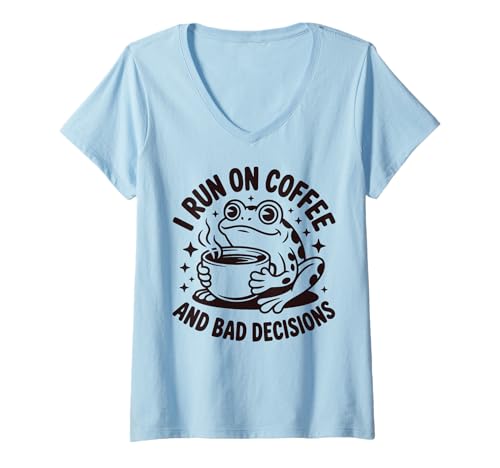 Damen I Run On Coffee and Bad Decisions T-Shirt mit V-Ausschnitt Damen I Run On Coffee and Bad Decisions T-Shirt mit V-Ausschnitt von Kaffee Schlechte Entscheidung Koffein Lustig Meme