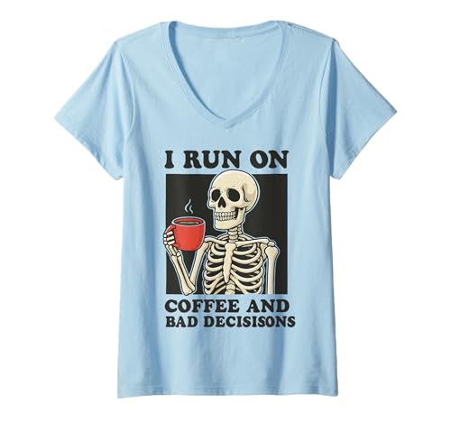 Damen I Run On Coffee and Bad Decisions T-Shirt mit V-Ausschnitt Damen I Run On Coffee and Bad Decisions T-Shirt mit V-Ausschnitt von Kaffee Schlechte Entscheidung Koffein Lustig Meme