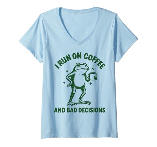Damen I Run On Coffee and Bad Decisions T-Shirt mit V-Ausschnitt Damen I Run On Coffee and Bad Decisions T-Shirt mit V-Ausschnitt von Kaffee Schlechte Entscheidung Koffein Lustig Meme