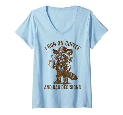 Damen I Run On Coffee and Bad Decisions T-Shirt mit V-Ausschnitt Damen I Run On Coffee and Bad Decisions T-Shirt mit V-Ausschnitt von Kaffee Schlechte Entscheidung Koffein Lustig Meme
