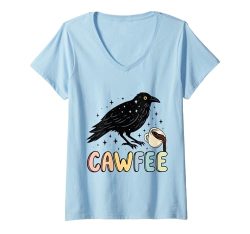 Damen Cawfee Rabe Kaffee Lustig Halloween Motiv T-Shirt mit V-Ausschnitt von Kaffee Sprüche Lustig Halloween
