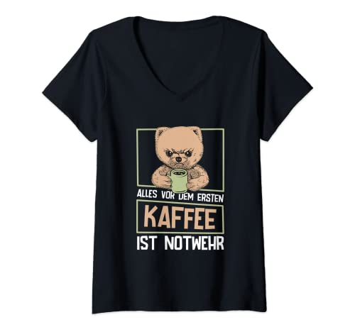 Damen Alles Vor Dem Ersten Kaffee Ist Notwehr - Morgenmuffel T-Shirt mit V-Ausschnitt von Kaffee Statements & Langschläfer Sprüche
