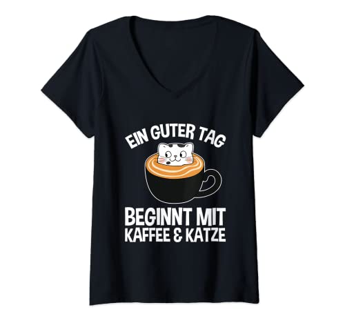 Damen Ein Guter Tag Beginnt Mit Kaffee Und Katze Kaffeetrinker T-Shirt mit V-Ausschnitt Damen Ein Guter Tag Beginnt Mit Kaffee Und Katze Kaffeetrinker T-Shirt mit V-Ausschnitt von Kaffee Und Katzen Sprüche Für Katzenbesitzer