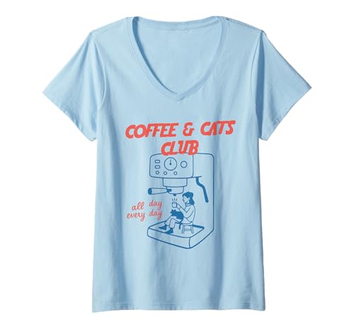 Damen Coffee and Cats Club, Freunde von Koffein Kaffee & Katzen T-Shirt mit V-Ausschnitt Damen Coffee and Cats Club, Freunde von Koffein Kaffee & Katzen T-Shirt mit V-Ausschnitt von Kaffee & Katzen Community