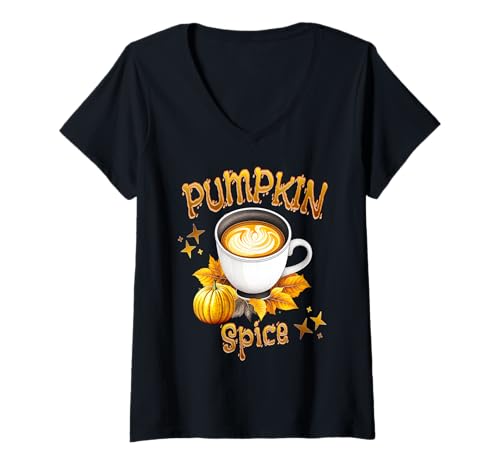 Damen Kürbis Latte Herbstgetränk für Kaffeeliebhaber T-Shirt mit V-Ausschnitt Damen Kürbis Latte Herbstgetränk für Kaffeeliebhaber T-Shirt mit V-Ausschnitt von Kaffeearomen und saisonale Kürbisgetränke