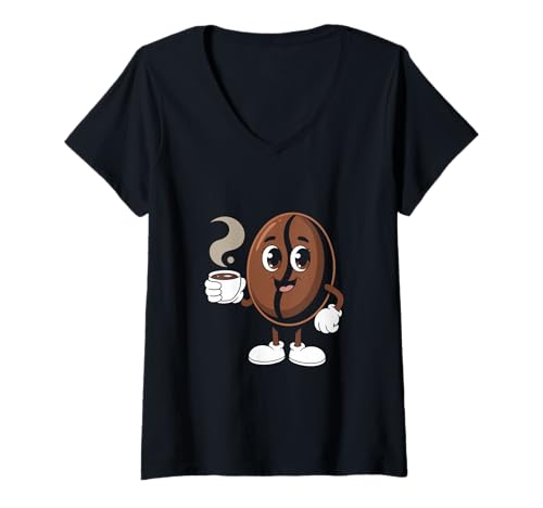 Damen Lustige Kaffeebohne Mit Tasse Kaffee Cartoon T-Shirt mit V-Ausschnitt Damen Lustige Kaffeebohne Mit Tasse Kaffee Cartoon T-Shirt mit V-Ausschnitt von Kaffeebohne Cartoon Barista Humor Kaffee
