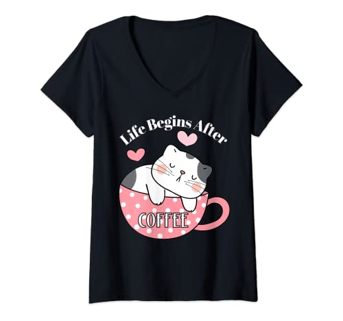 Damen Cat in Coffee T-Shirt mit V-Ausschnitt Damen Cat in Coffee T-Shirt mit V-Ausschnitt von Kaffeeeule