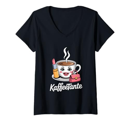 Damen KaffeeTante Lustiger Kaffee Spruch Lippenstift Tasche T-Shirt mit V-Ausschnitt Damen KaffeeTante Lustiger Kaffee Spruch Lippenstift Tasche T-Shirt mit V-Ausschnitt von Kaffeeklatsch Kaffee Humor Lippenstift Handtasche
