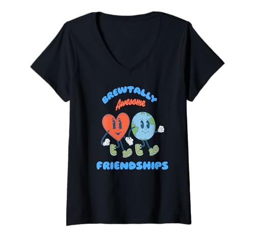 Damen Brewtally Genial Freundschaften Herz Erde Comic T-Shirt mit V-Ausschnitt von Kaffeeliebe Weltweite Freundschaft Freude