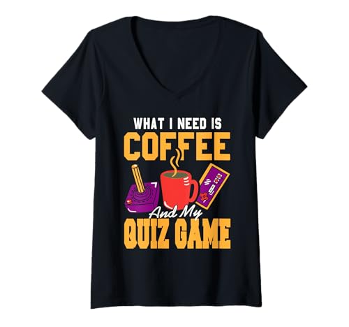 Damen Kaffee und Quizspiel Retro Humor Gamer T-Shirt mit V-Ausschnitt Damen Kaffee und Quizspiel Retro Humor Gamer T-Shirt mit V-Ausschnitt von Kaffeeliebhaber Quizfreunde Spielabend